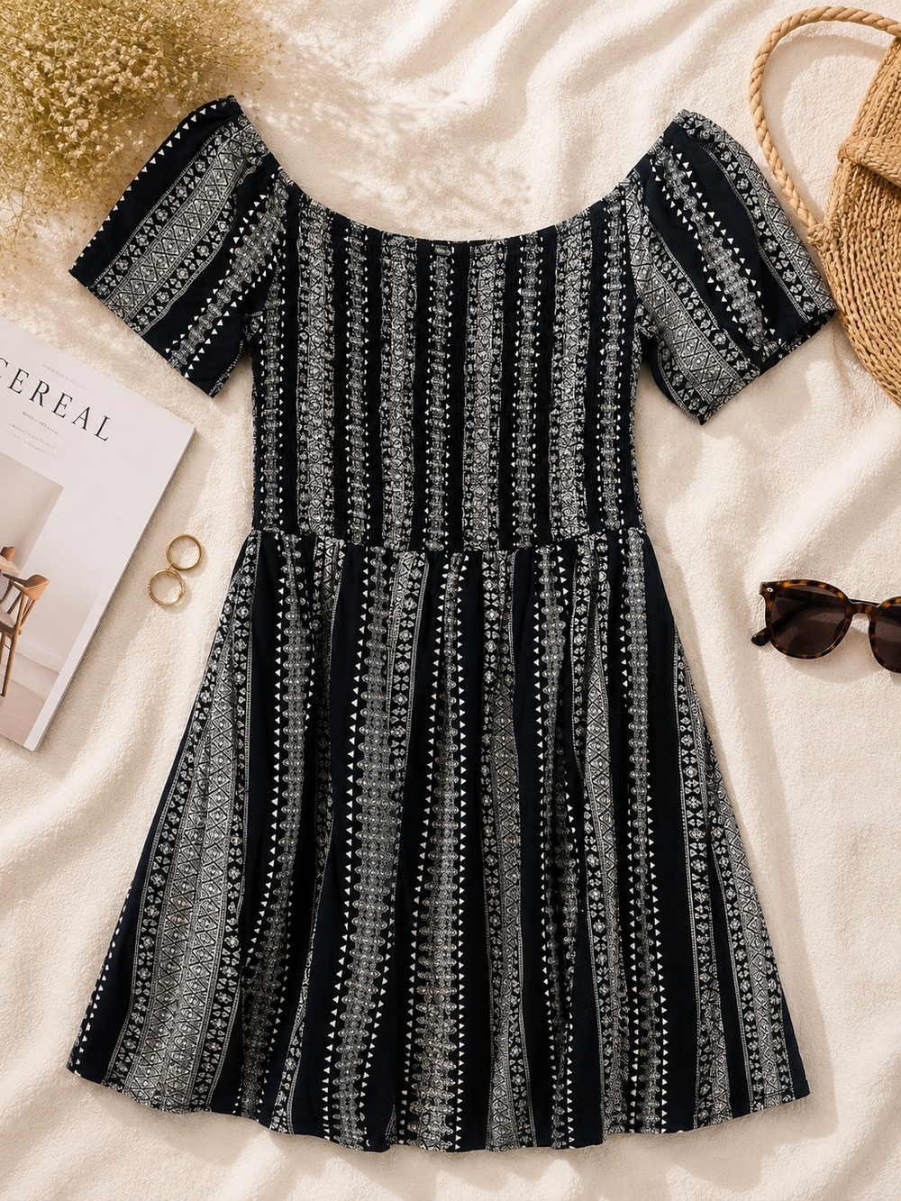 Off-Shoulder Black and White Striped Pattern Dress
